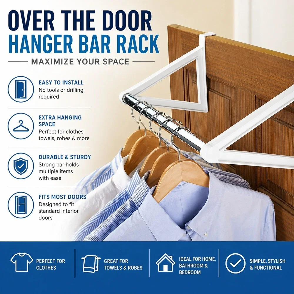 Over the Door Hanger‎ Bar Rack White Metal Closet Organizer Hanging Clothes Rail